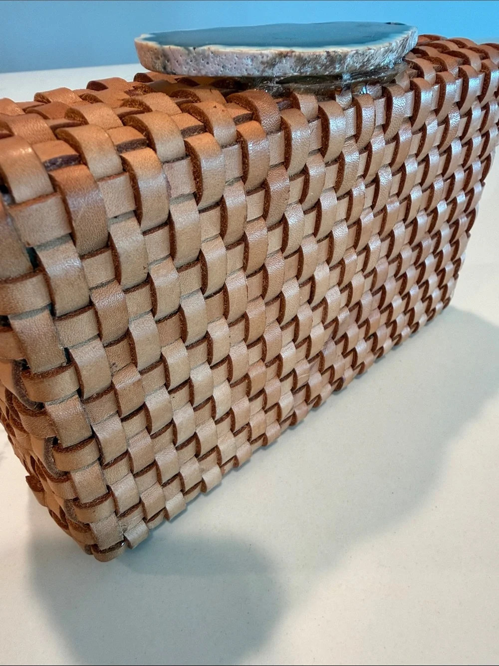 Woven Tan Leather Phone Case with Blue Agate Accent